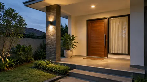 Teras rumah saat senja dengan lampu dinding di dekat pintu