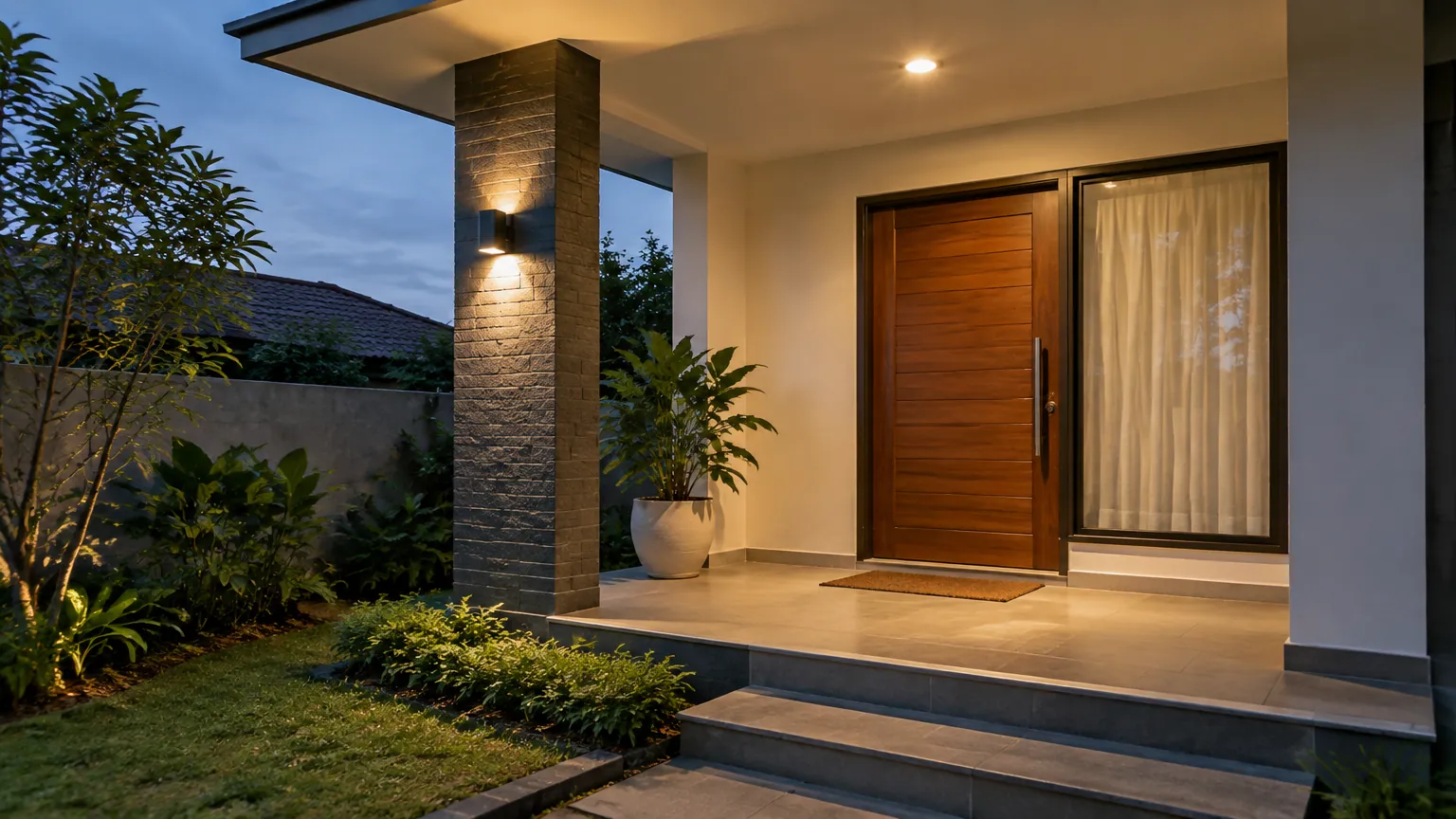 Teras rumah saat senja dengan lampu dinding di dekat pintu