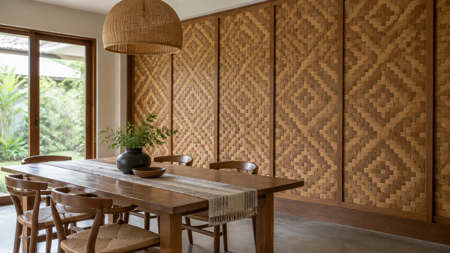 Panel dinding berpola geometris di ruang makan
