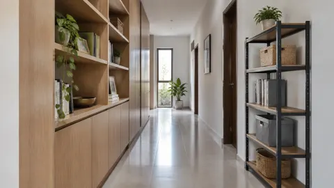 Lorong rumah dengan rak dan kabinet penyimpanan di sisinya