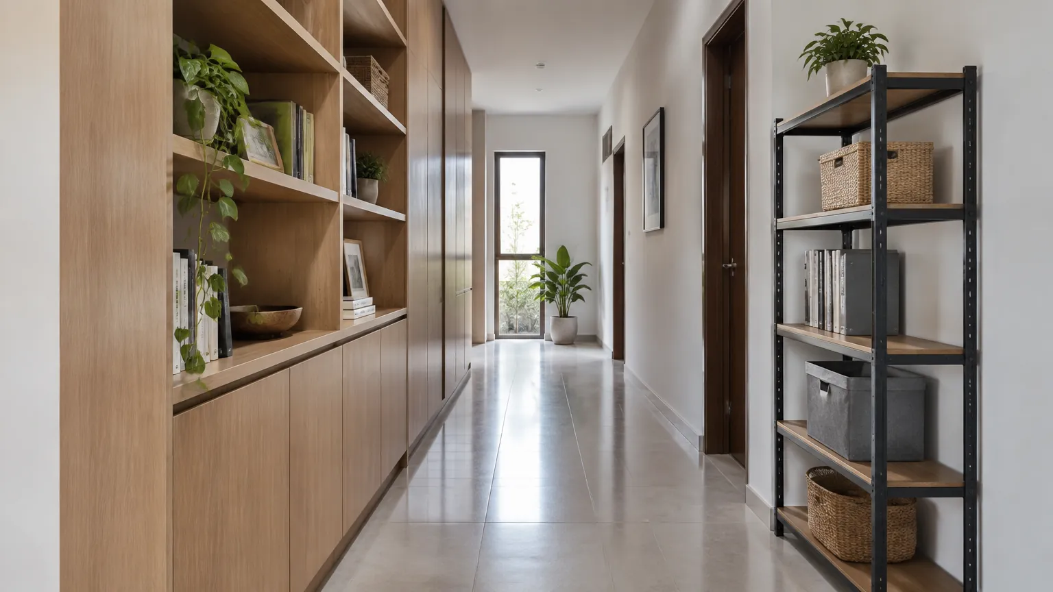 Lorong rumah dengan rak dan kabinet penyimpanan di sisinya