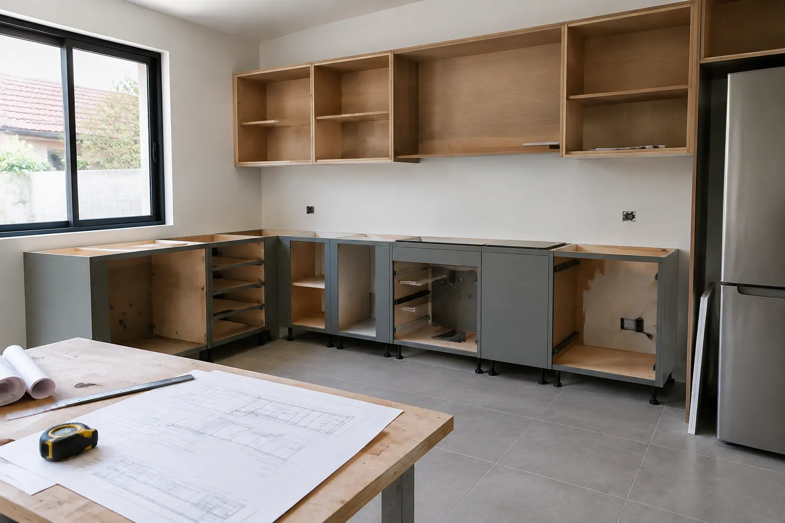 Kabinet dapur yang belum selesai dipasang berdampingan dengan denah