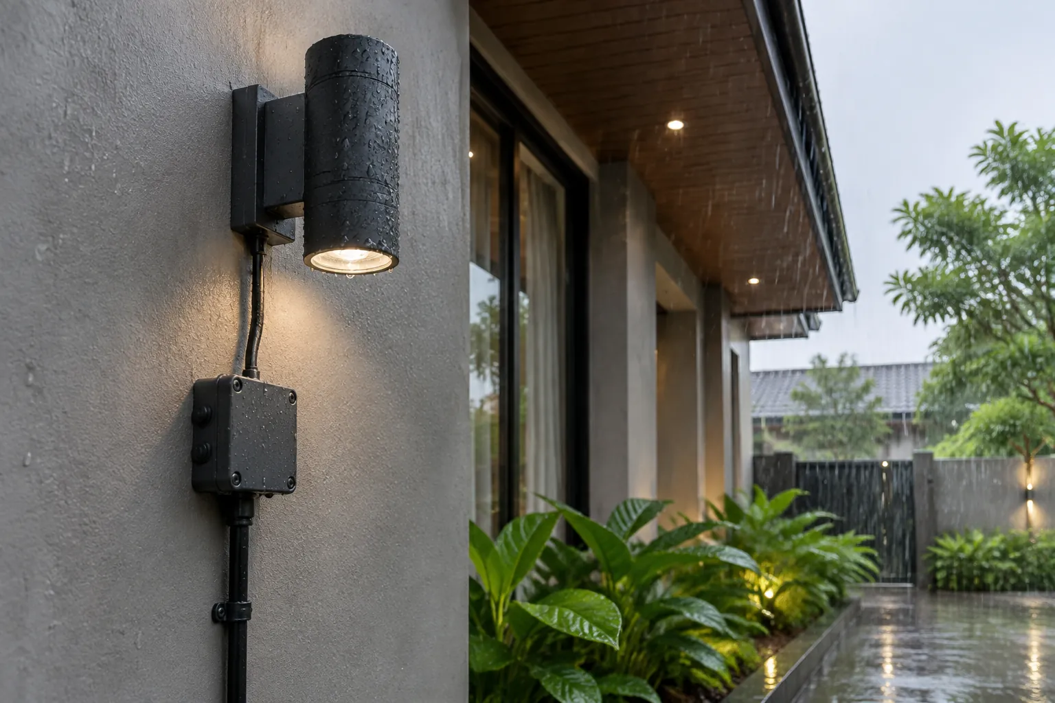Lampu dinding luar dan kotak listrik pada fasad