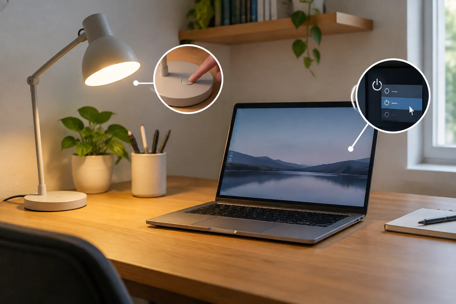 Meja kerja dengan laptop, lampu, dan panel kendali rumah