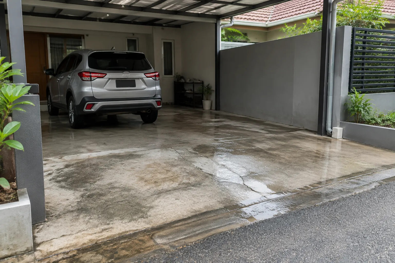 Carport dengan lantai yang tampak aus di sekitar mobil