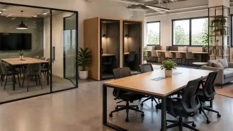 Kantor dengan area rapat terbuka dan ruang kerja bersama