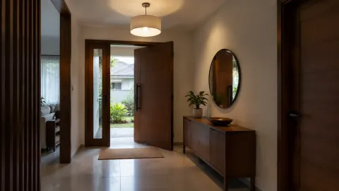 Foyer dengan lampu plafon, cermin, dan pintu masuk