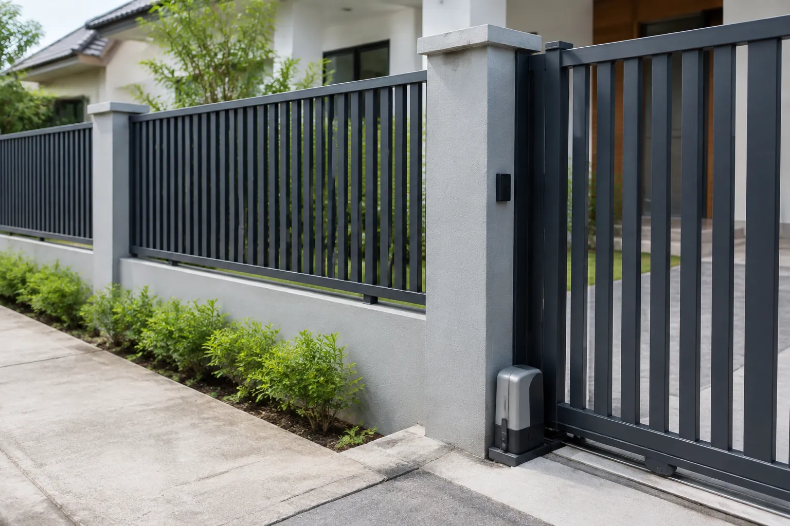 Pagar logam dan tiang beton pada batas rumah