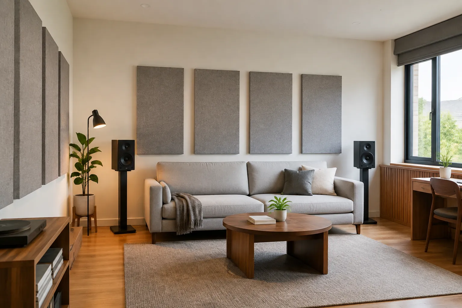 Empat panel abu-abu terpasang di dinding belakang sofa