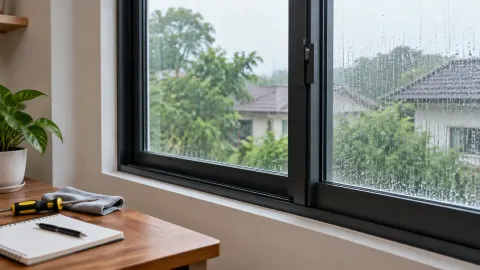 Jendela hitam dengan titik-titik air pada kaca