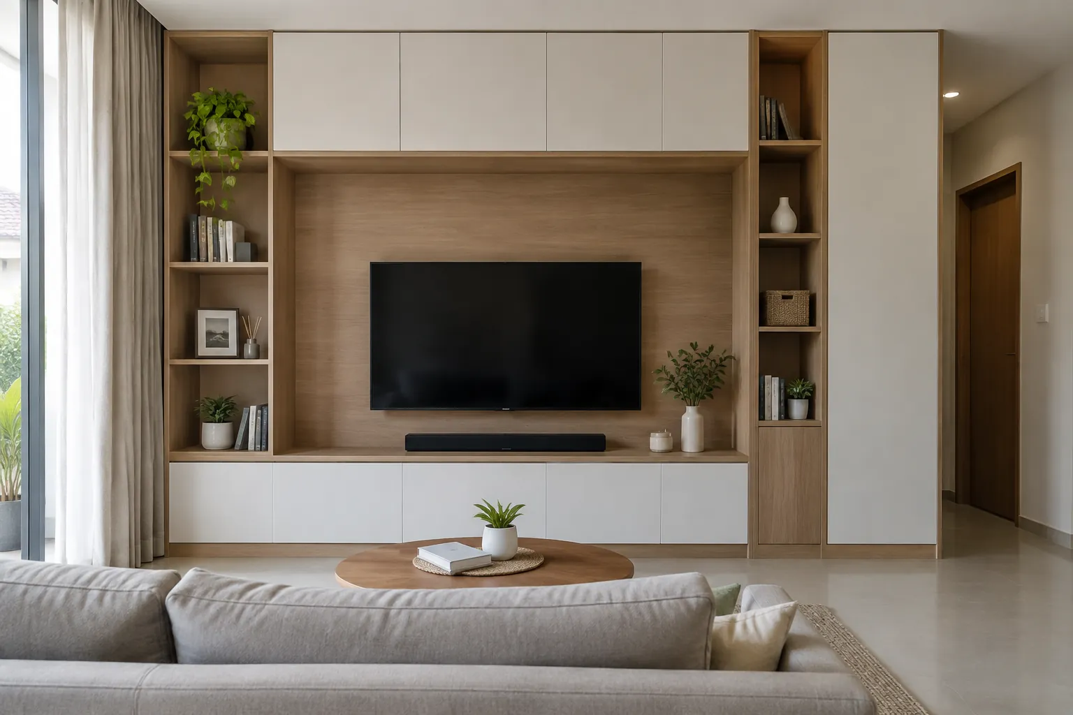 Rak dan kabinet built-in pada dinding televisi ruang keluarga