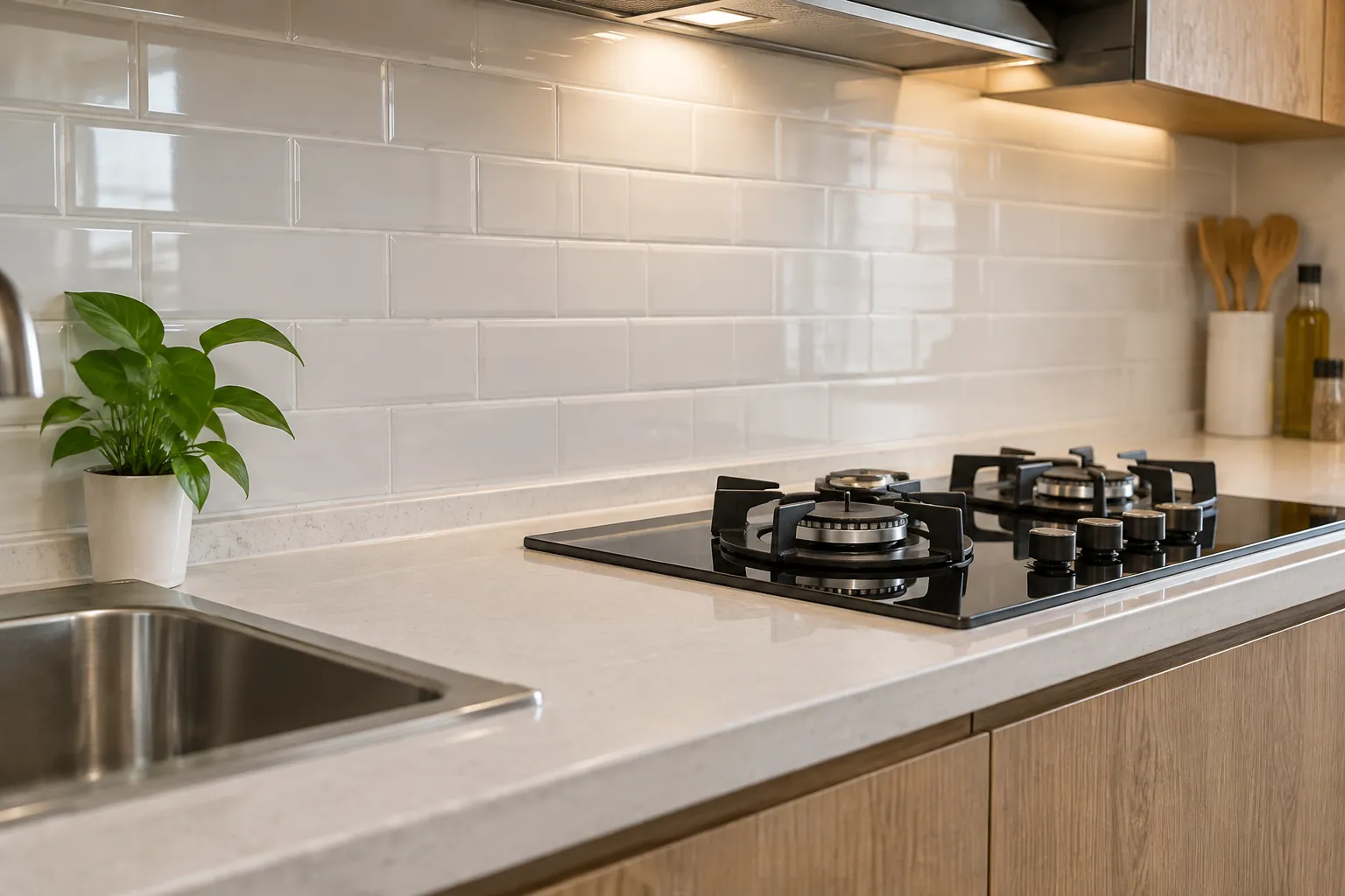 Ubin backsplash putih di belakang kompor dan wastafel dapur