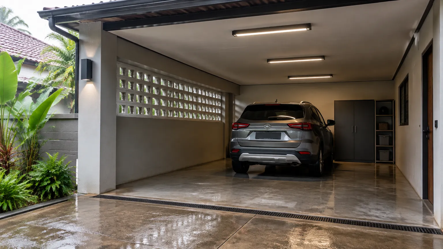 Garasi beratap dengan mobil dan beberapa lampu plafon