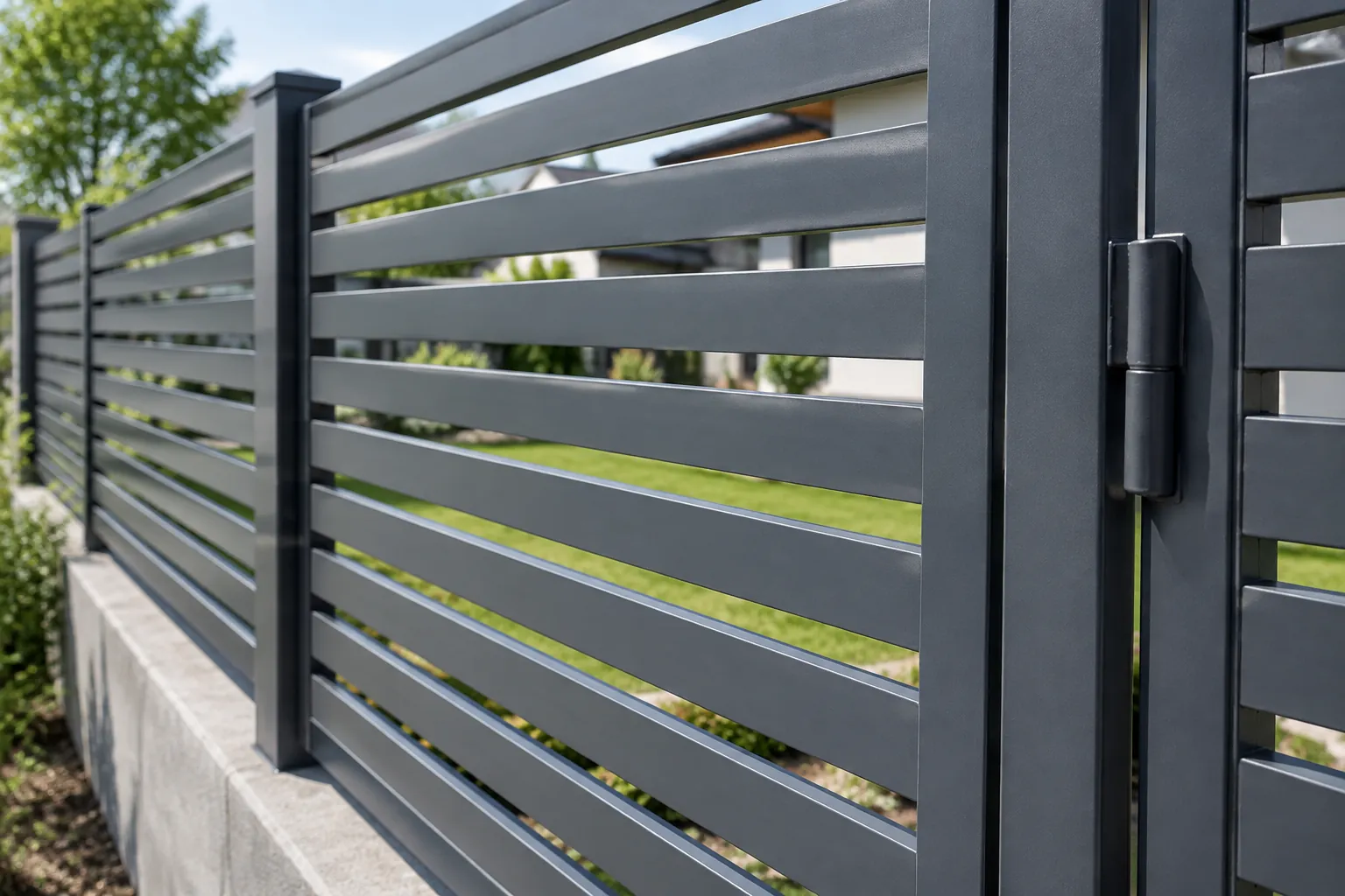 Detail panel dan tiang pagar logam abu-abu