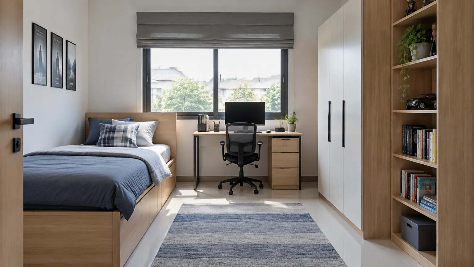 Kamar remaja dengan tempat tidur, meja belajar, dan rak