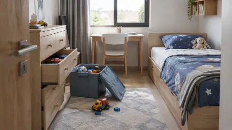Kamar anak dengan laci dan kotak mainan yang terbuka