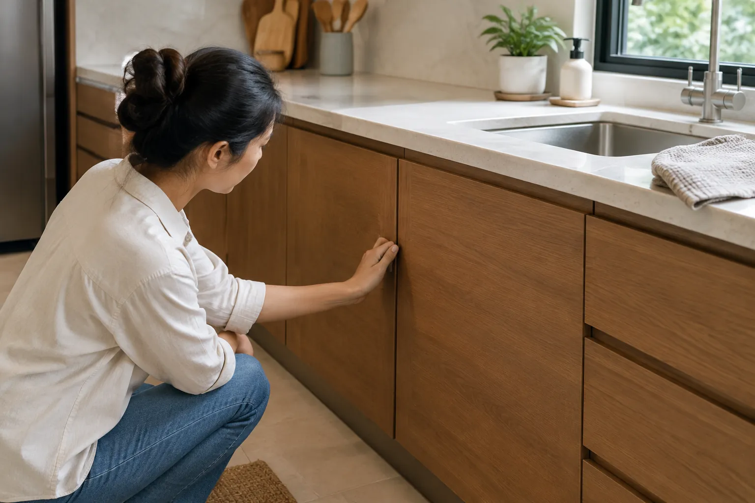 Seseorang membersihkan permukaan kabinet kayu