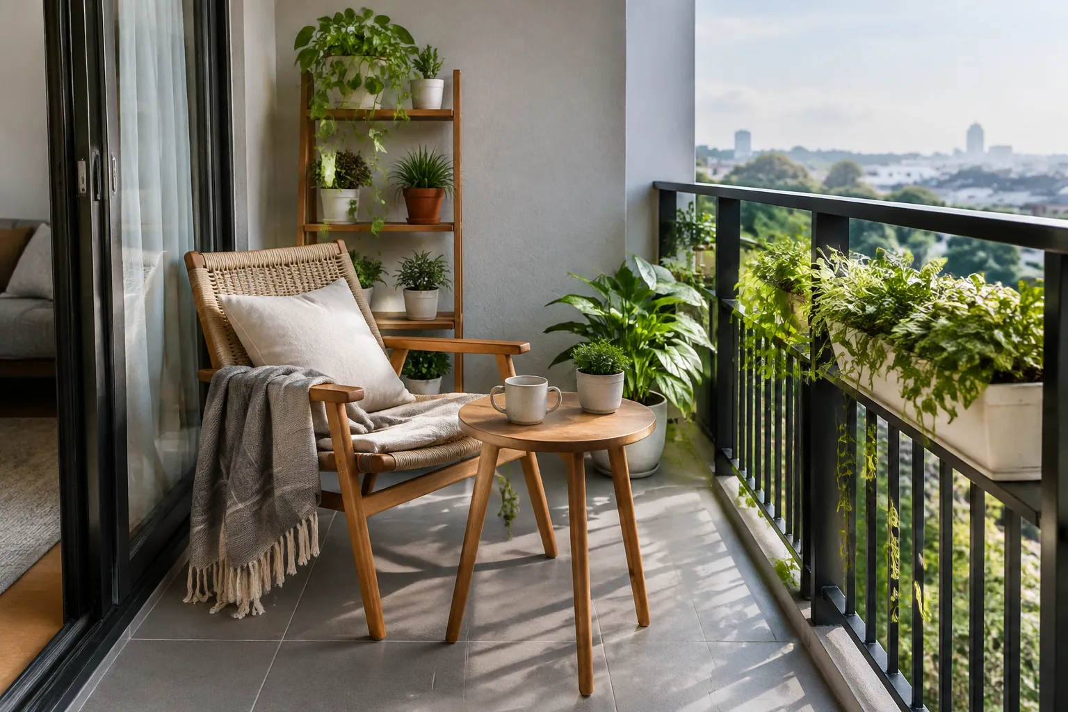 Dua kursi dan meja kecil menjadi area duduk di balkon