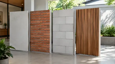 Contoh dinding bata, panel dan kayu di halaman rumah