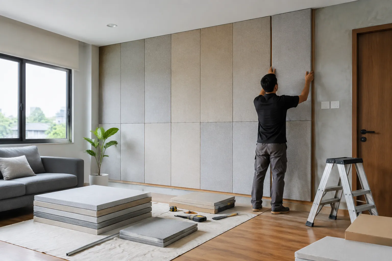 Pekerja memasang panel.