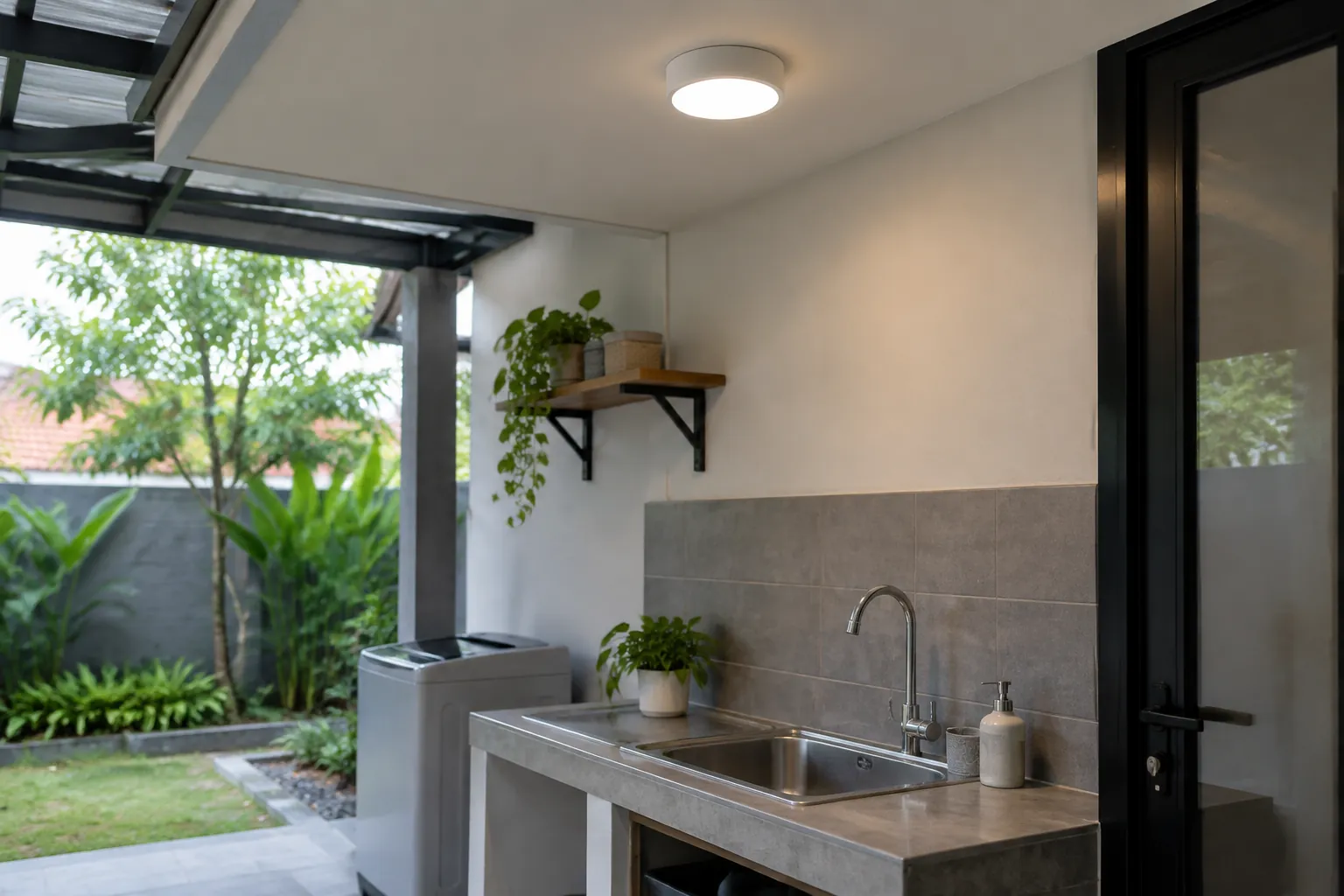 Lampu plafon menyinari area dapur dengan bukaan ke taman