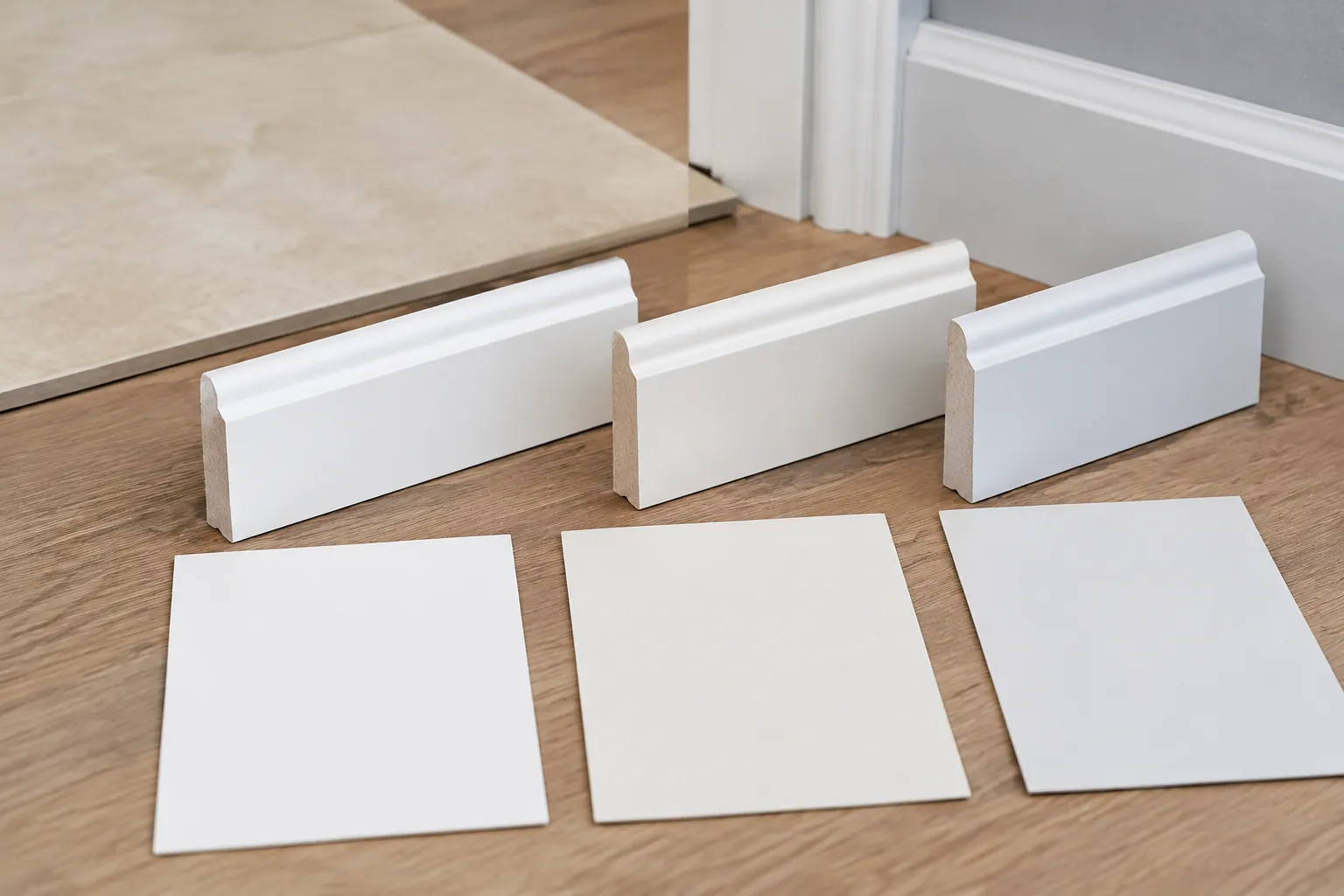 Sampel trim putih dengan nuansa warna berbeda
