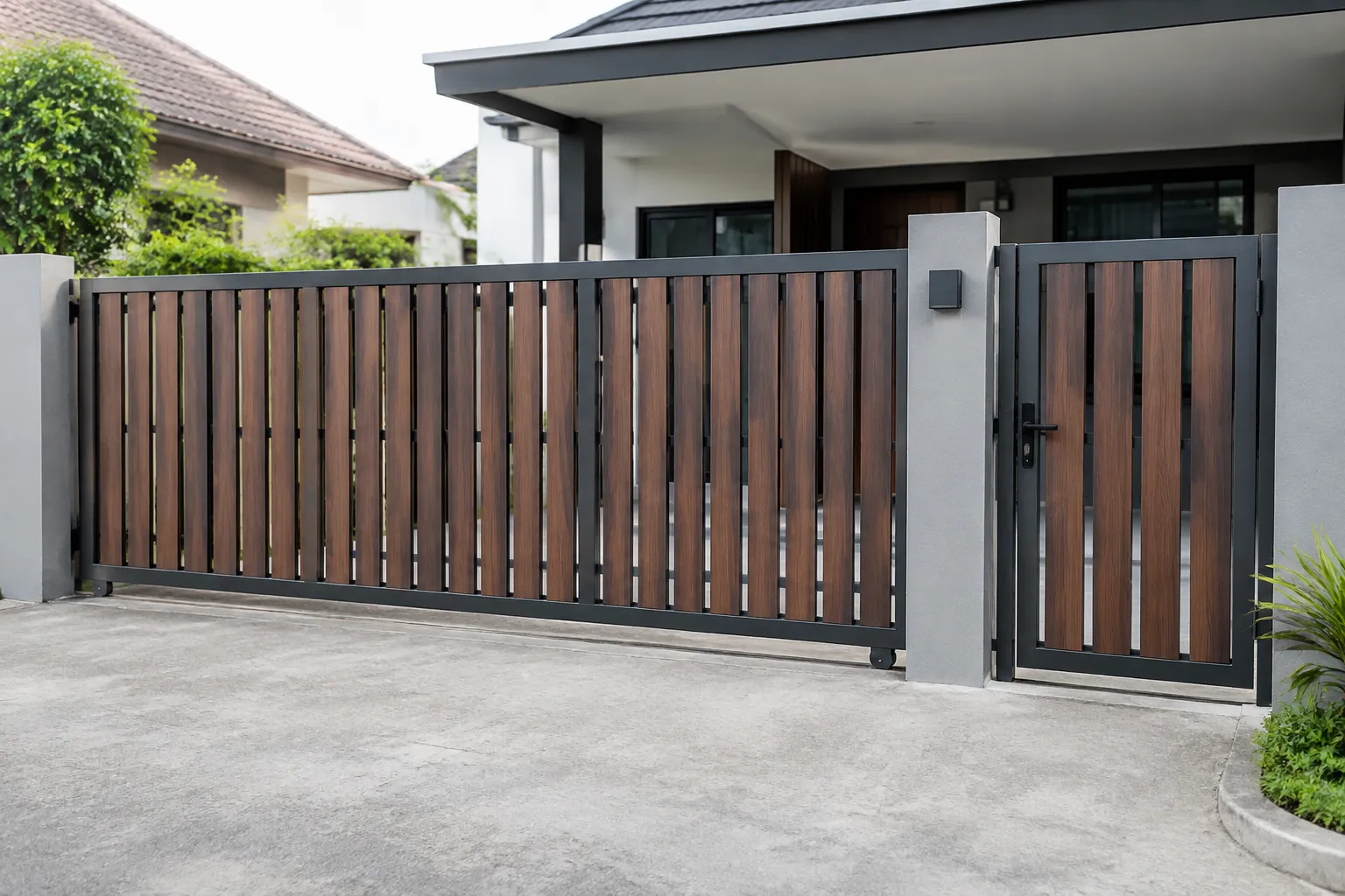 Pagar tetap dan gerbang rumah dengan bilah kayu dan rangka logam