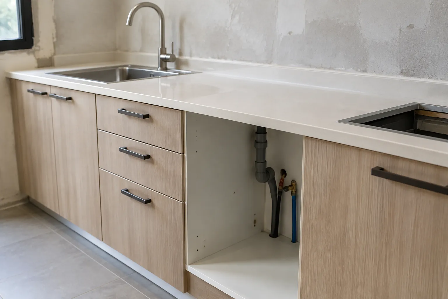 Kabinet bawah kitchen set dengan ruang pipa terbuka