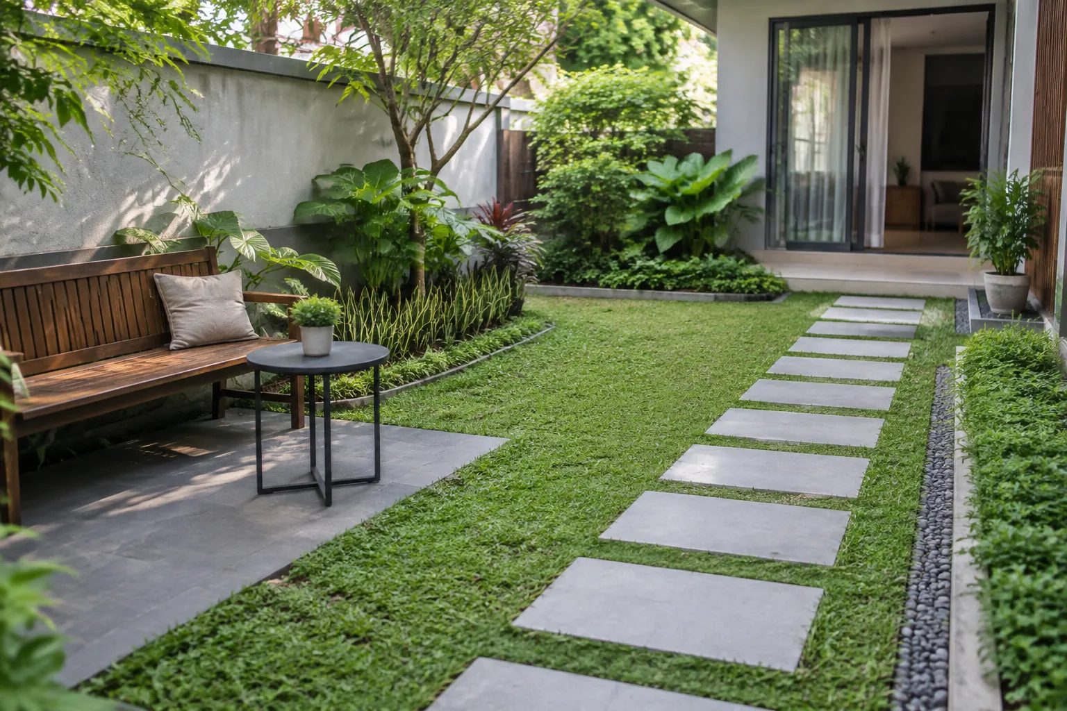 Jalur batu dan area duduk pada taman rumah