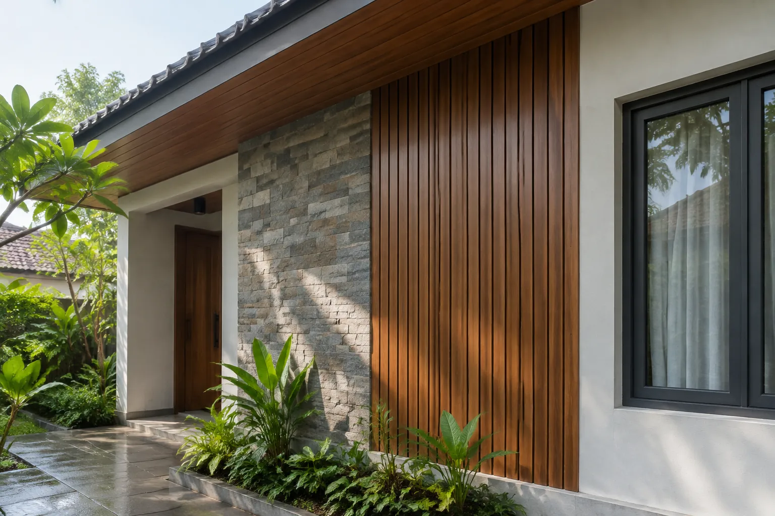 Bidang dinding luar bertekstur dan panel kayu di bawah atap menjorok