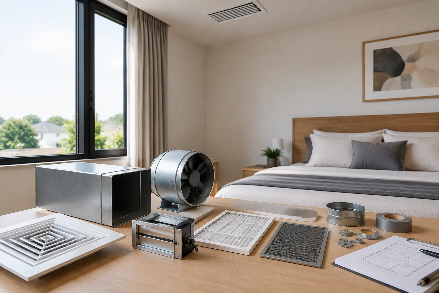 Contoh kisi udara dan bahan ventilasi disusun di meja kamar tidur