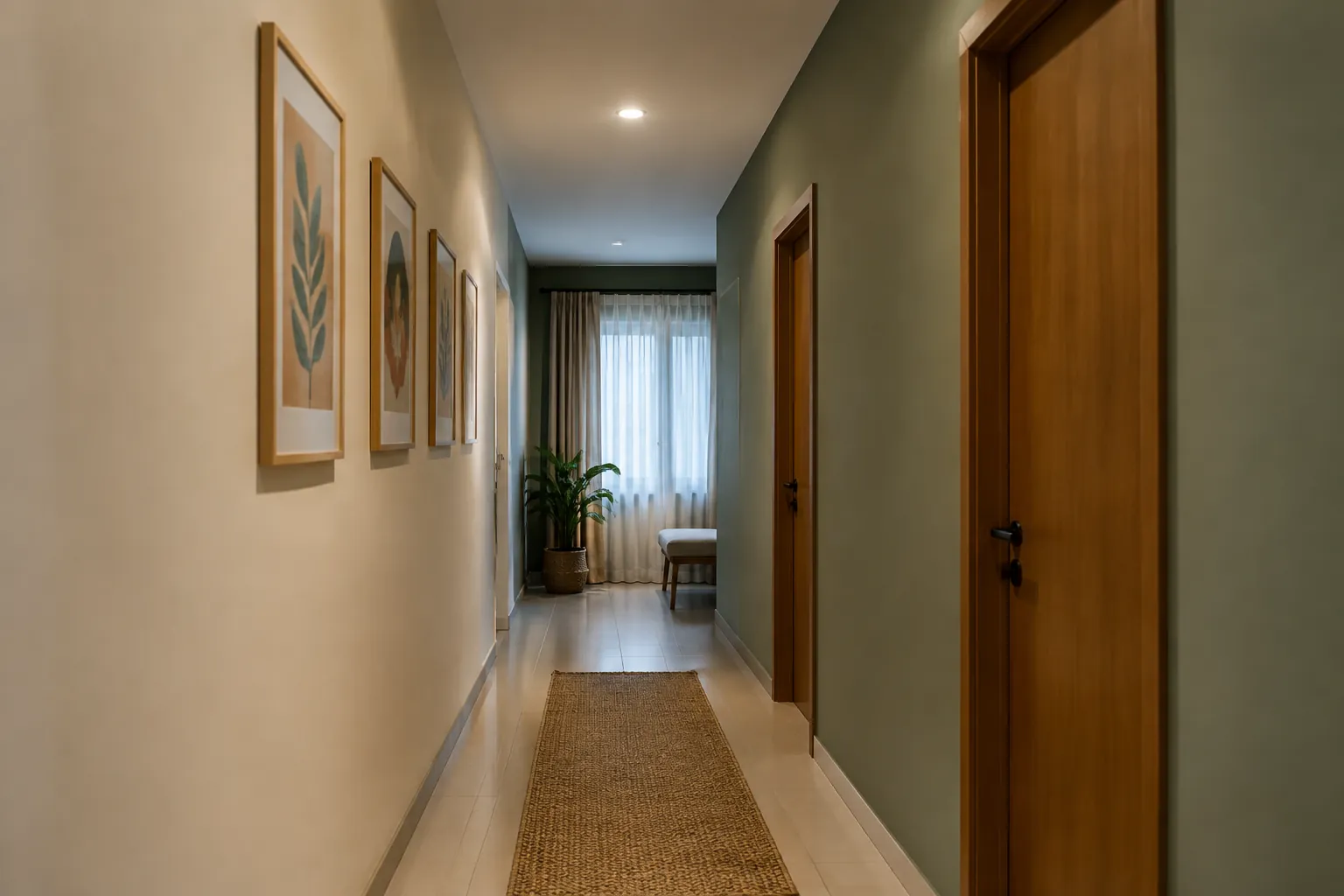 Lorong sempit dengan dinding hijau pucat dan pencahayaan hangat