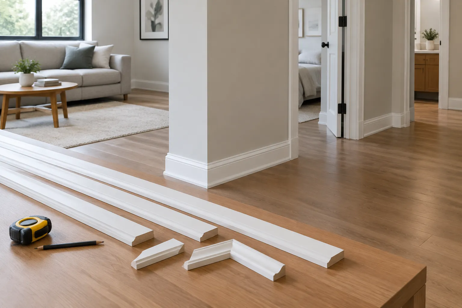 Bahan trim dan alat ukur ada.