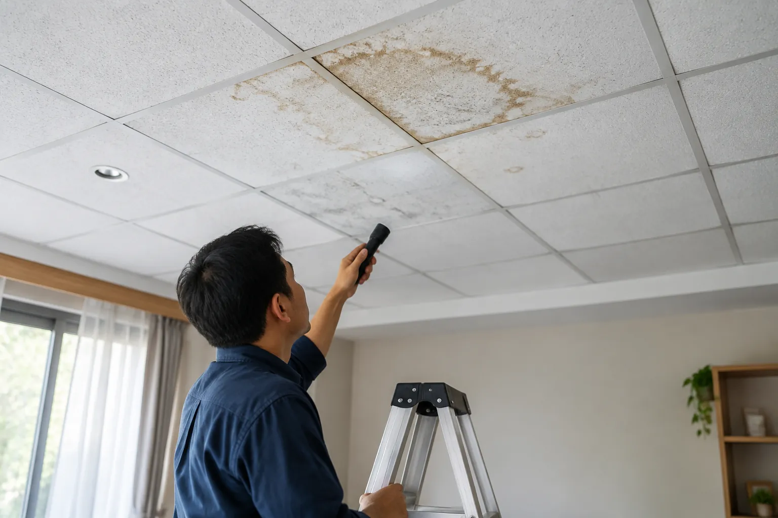 Pekerja memeriksa noda lembap pada panel plafon