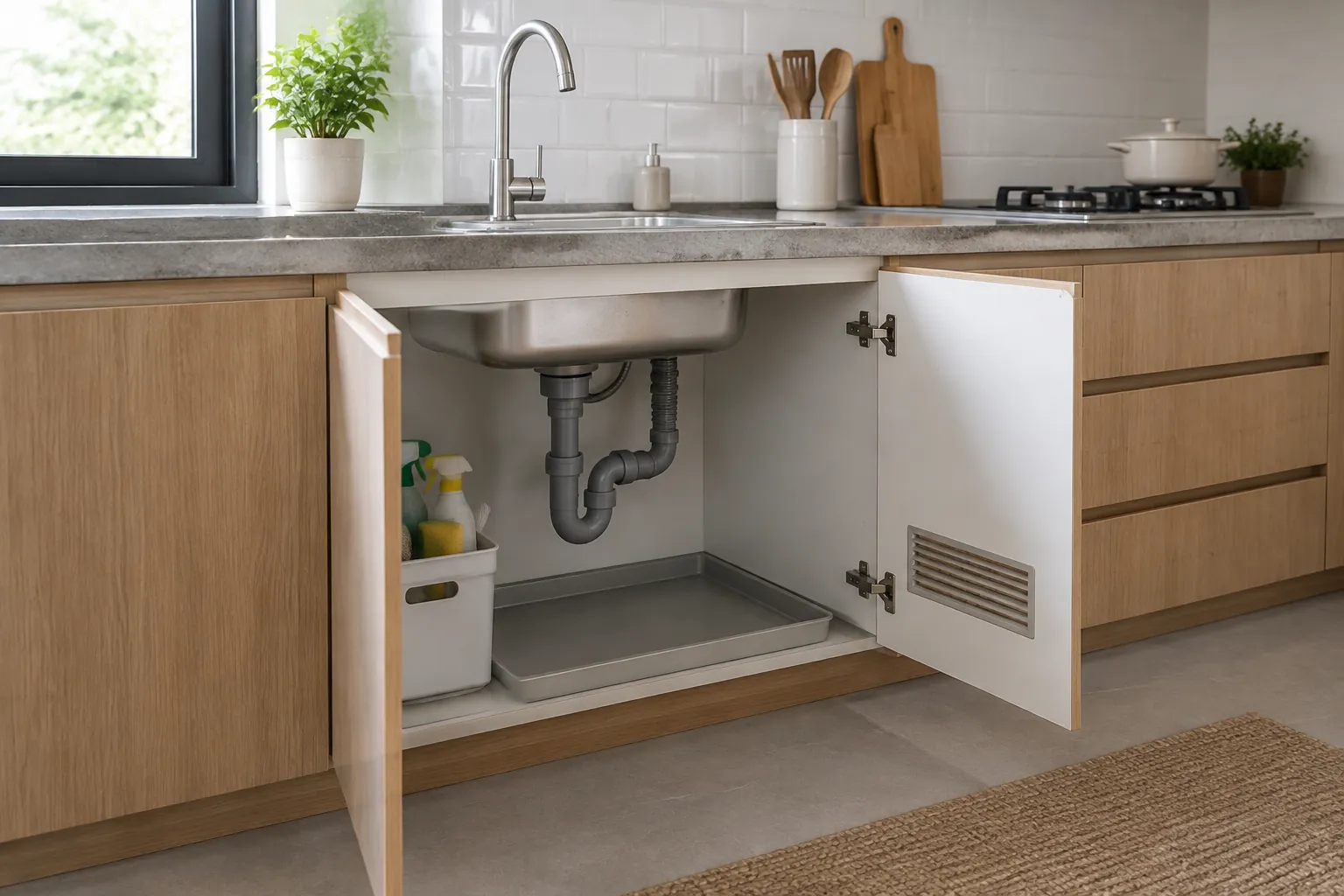 Kabinet bawah bak cuci dapur dengan pintu terbuka