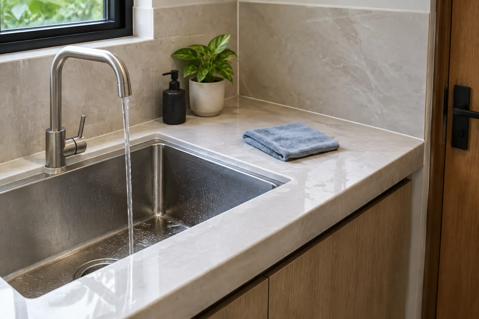 Wastafel dan meja dapur dengan kain pembersih