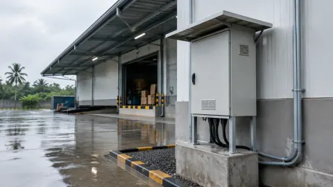 Area luar gudang basah dekat saluran dan peralatan