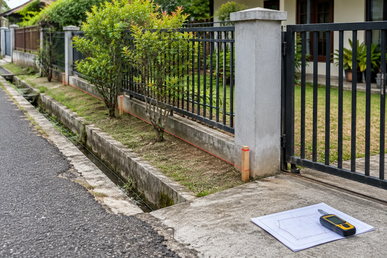 Pagar logam dan tiang di samping drainase tepi jalan