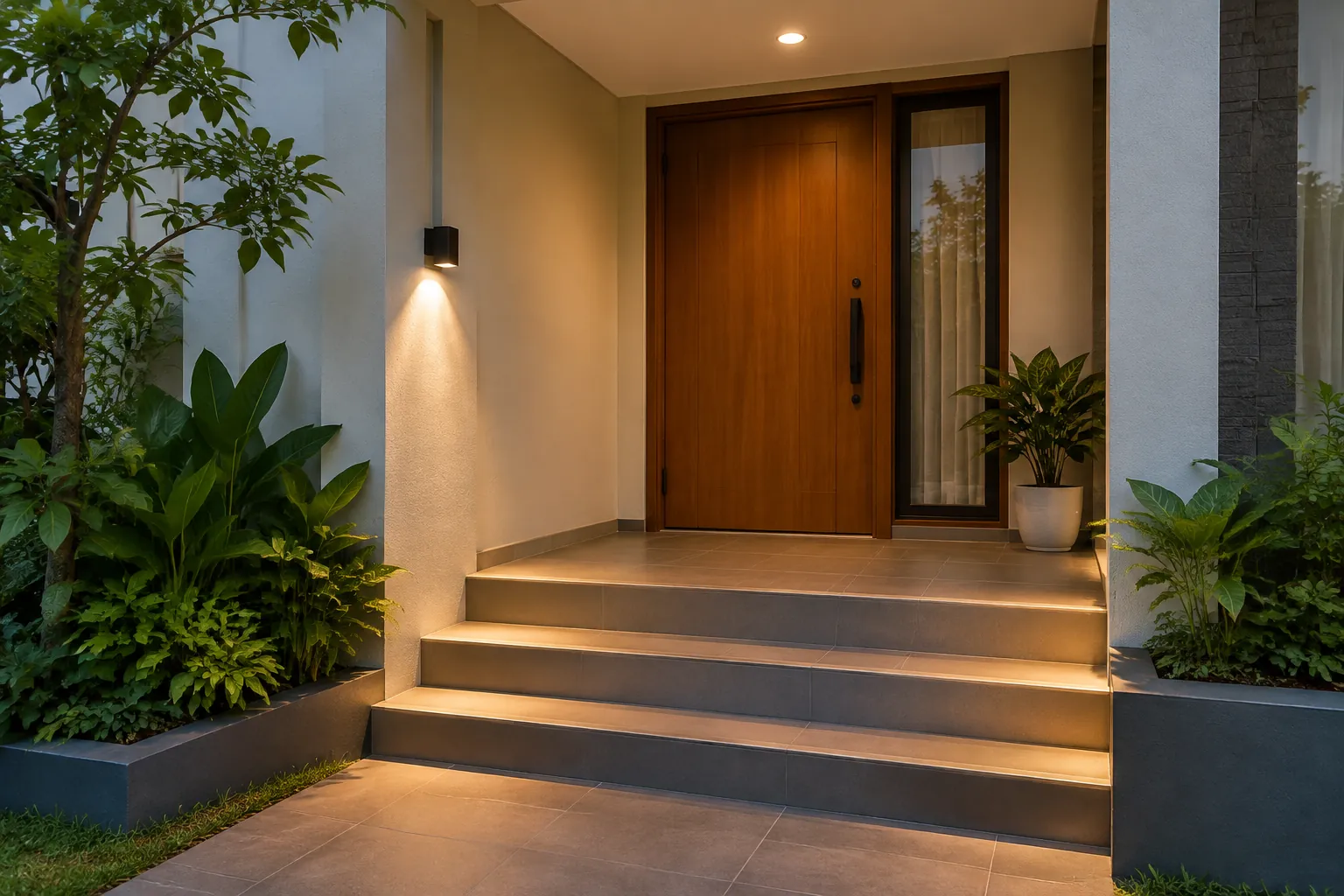 Lampu dinding menerangi tangga menuju pintu teras