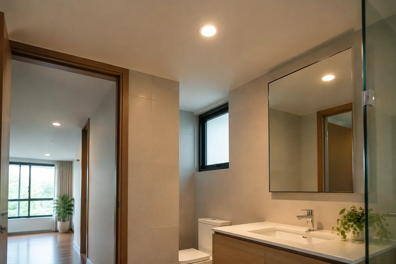 Kamar mandi dengan lampu plafon dan cermin
