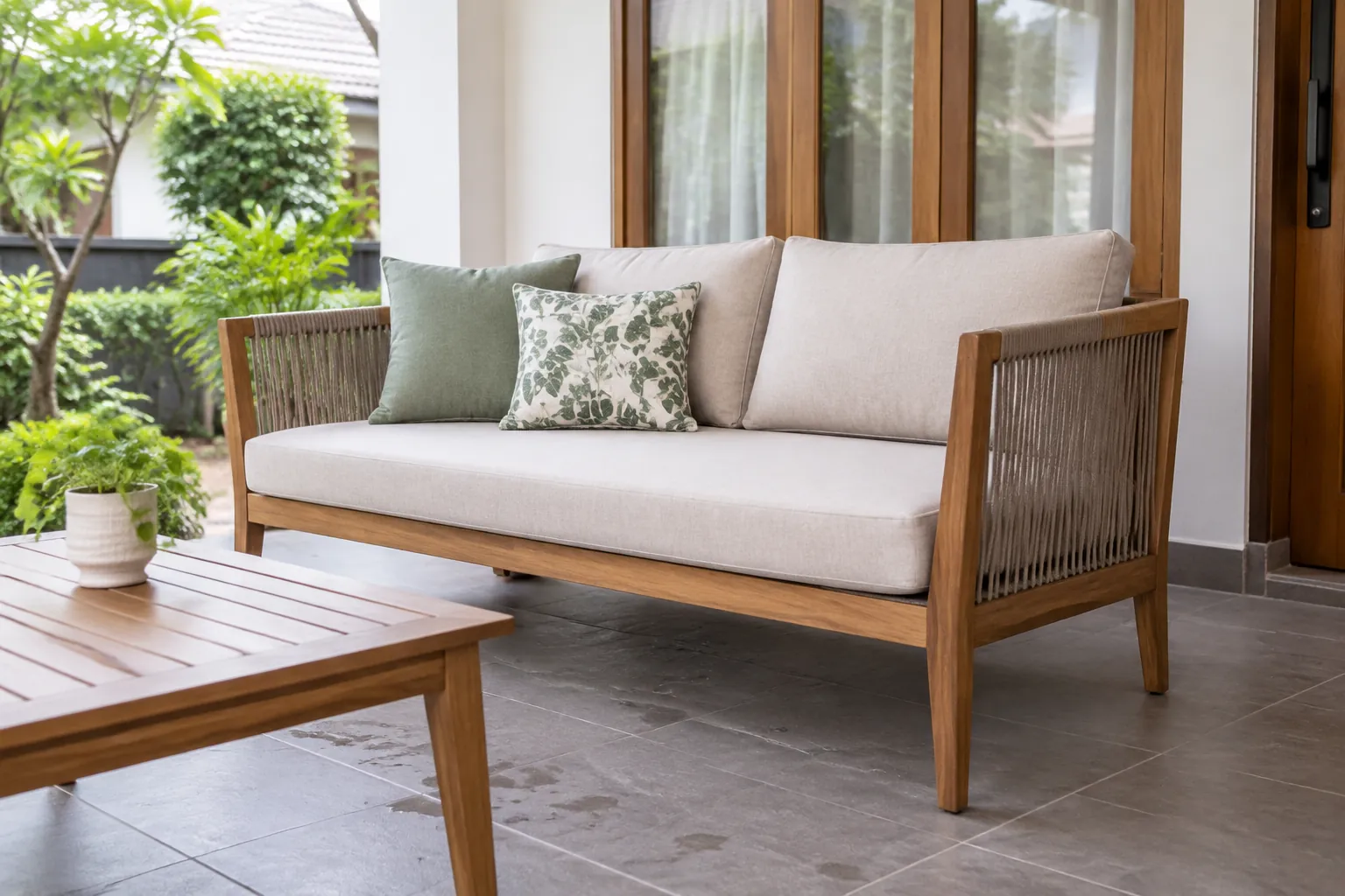 Sofa kecil berbahan kain pada teras beratap