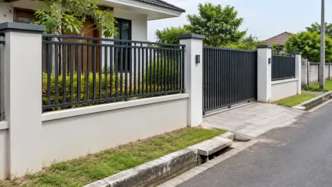 Pagar logam dan gerbang pada batas depan rumah