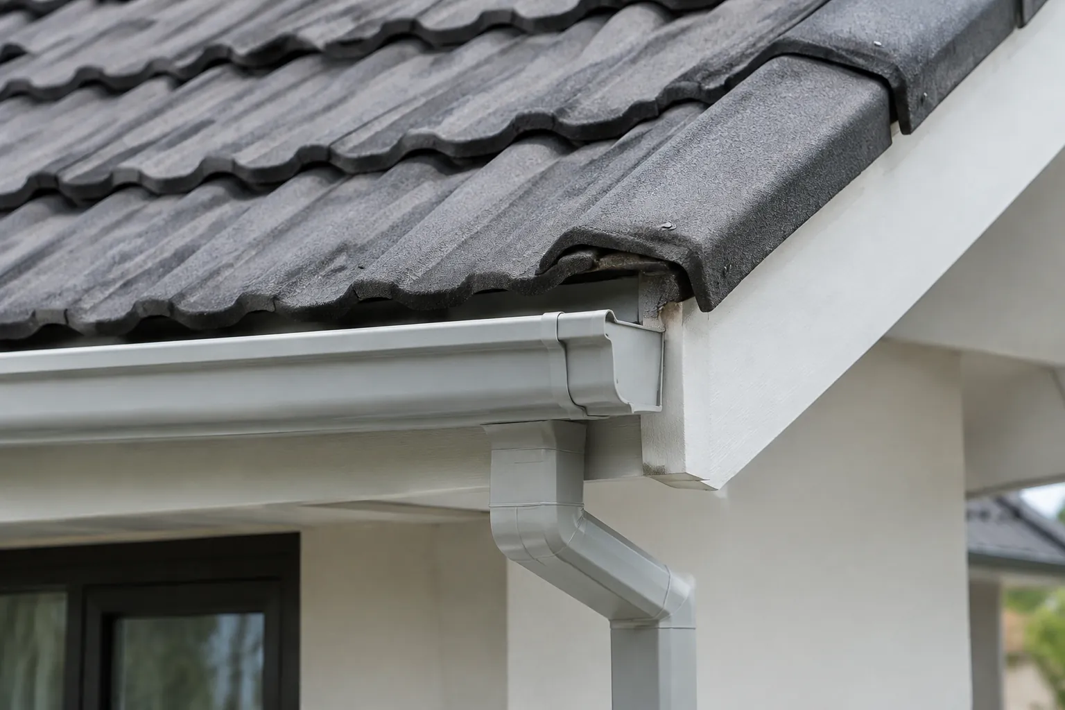 Detail tepi atap genteng dan talang putih