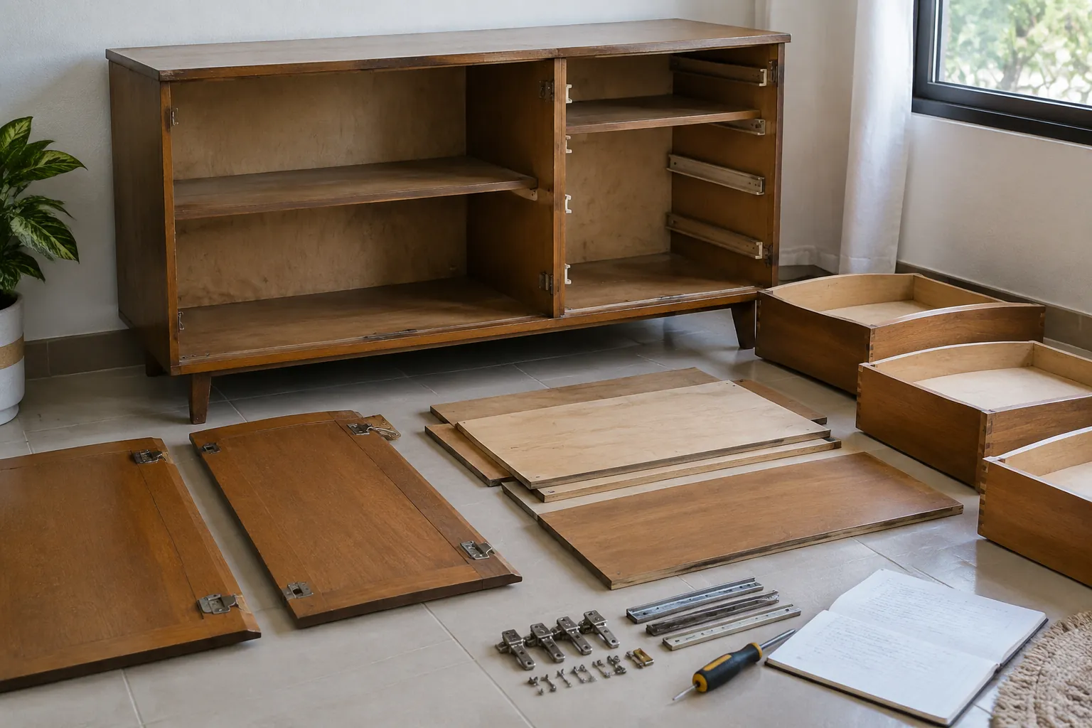 Papan dan komponen kabinet kayu dibongkar