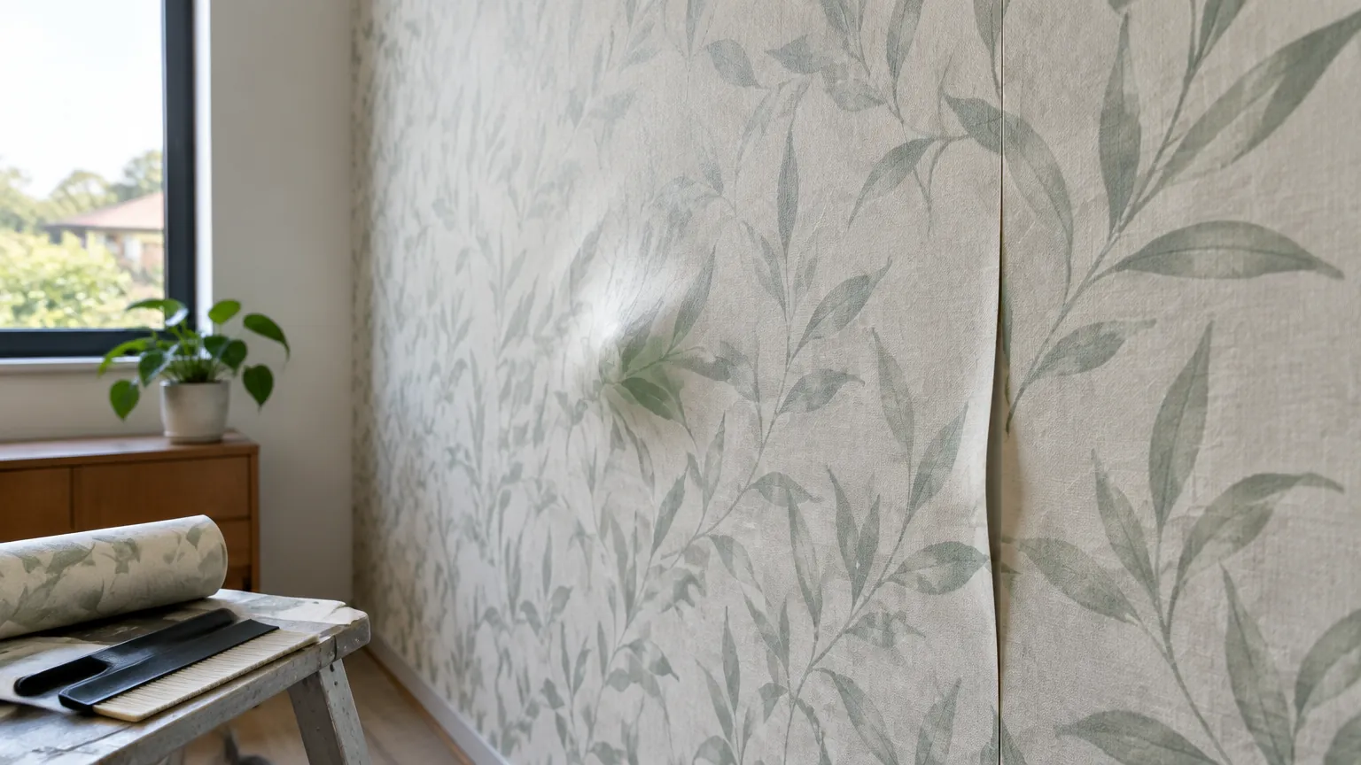 Wallpaper bermotif daun dengan bagian yang menggelembung