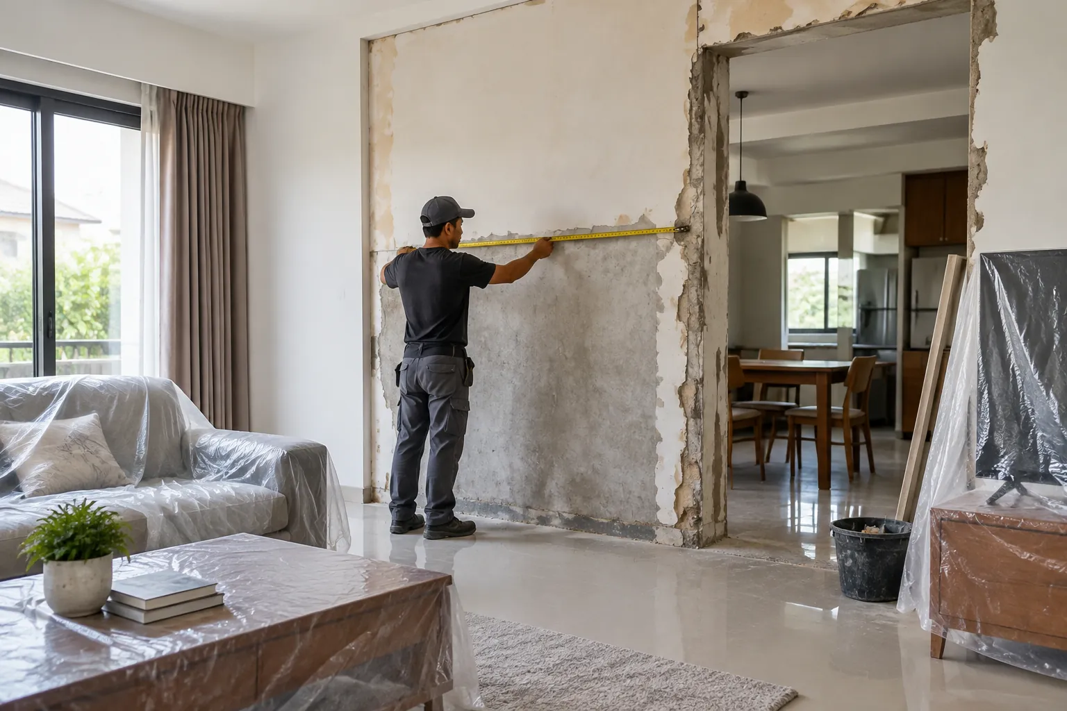 Dinding renovasi dan alat ukur.