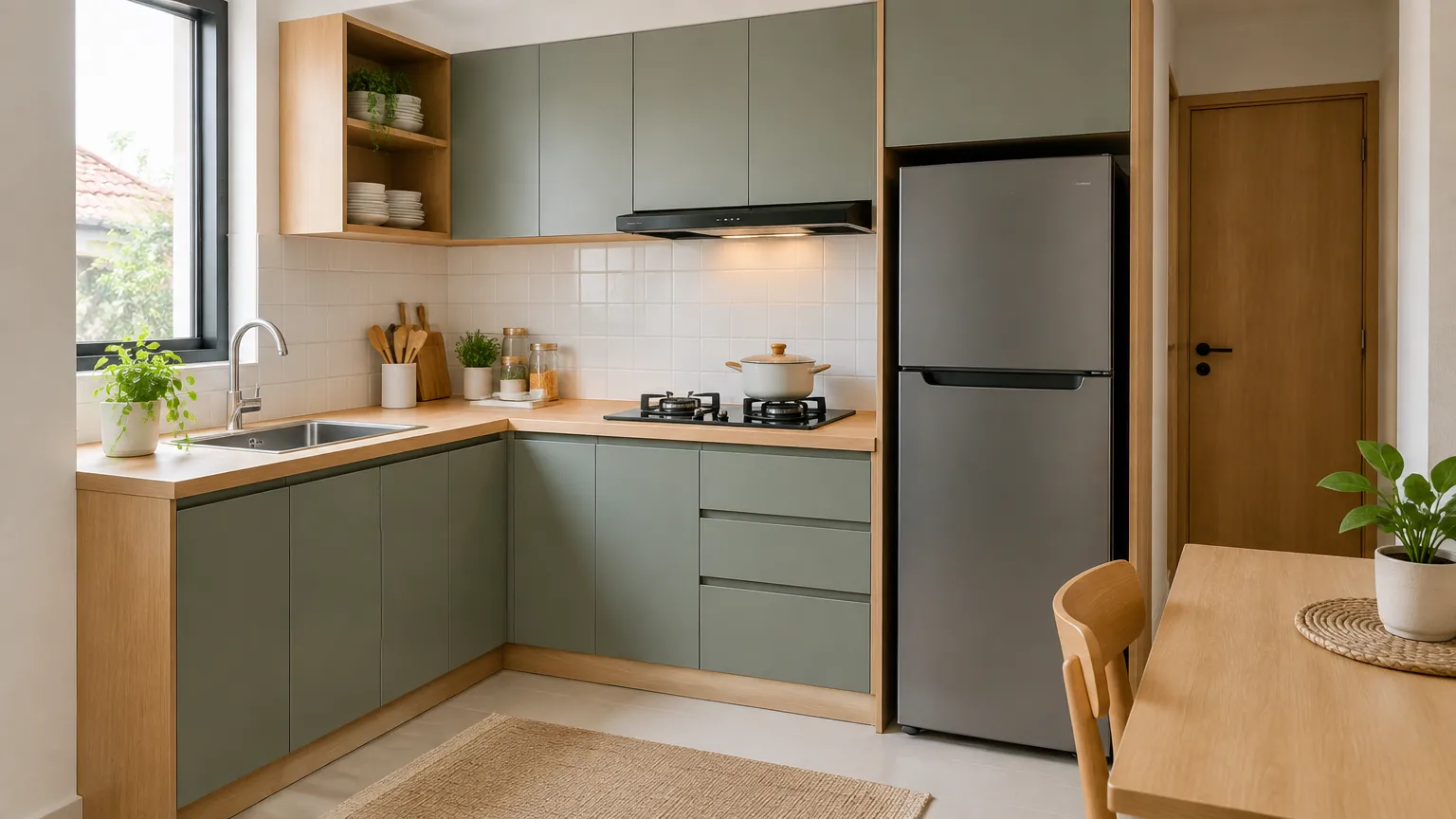 Kitchen set kecil dengan kabinet hijau dan meja makan