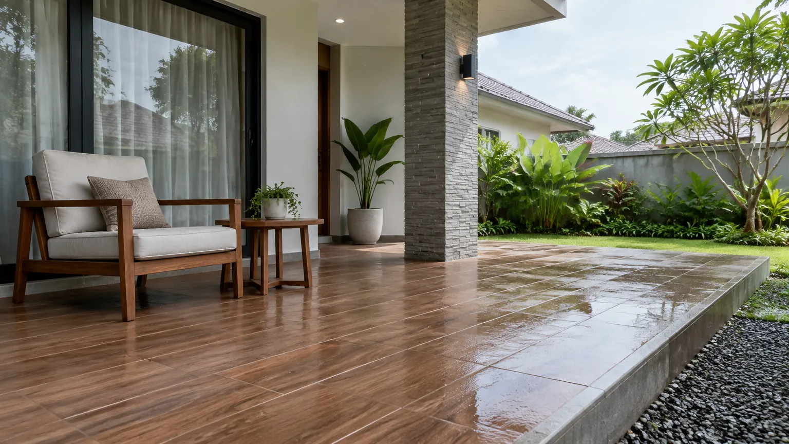 Teras kayu yang basah setelah hujan