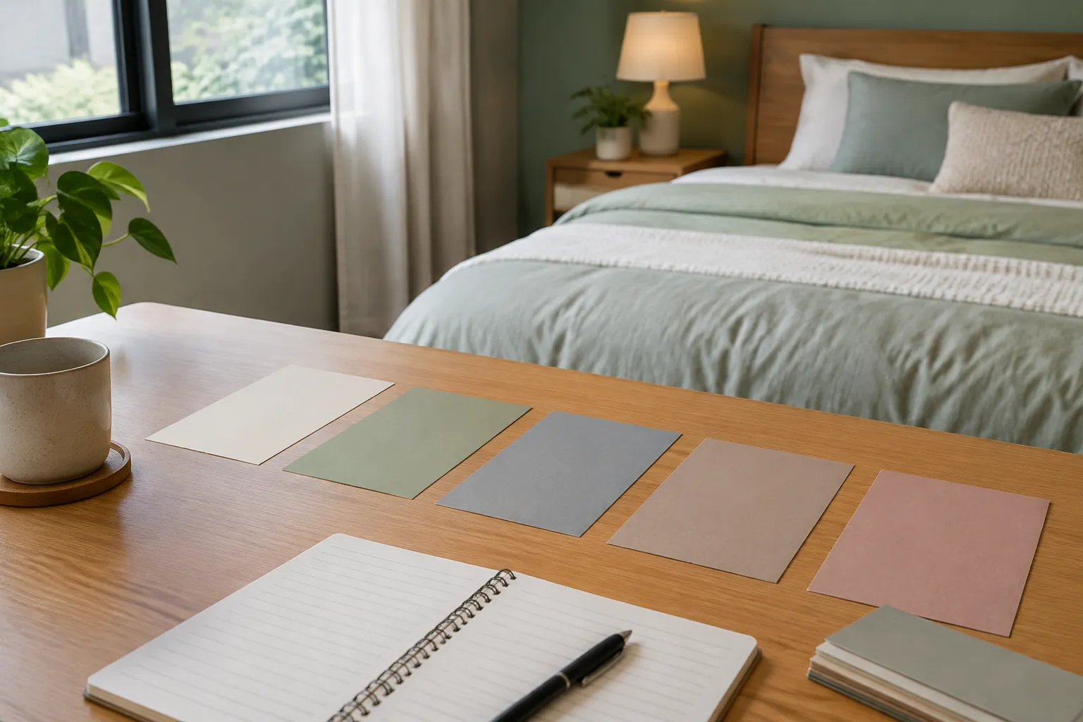 Sampel warna dan buku catatan di meja dekat kamar tidur