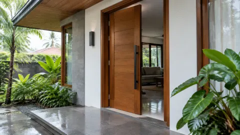 Pintu kayu lebar pada rumah dengan teras dan tanaman tropis
